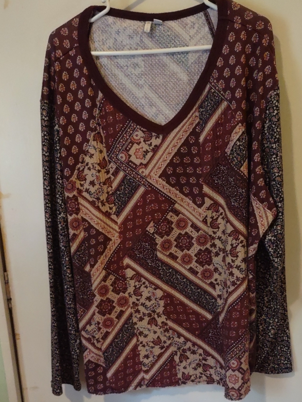 Cato Burgundy Patchwork V-Neck Long Sleeve Sweater